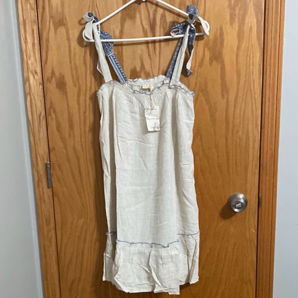 Hem & Thread Ivory Dress with Sky Blue Trim